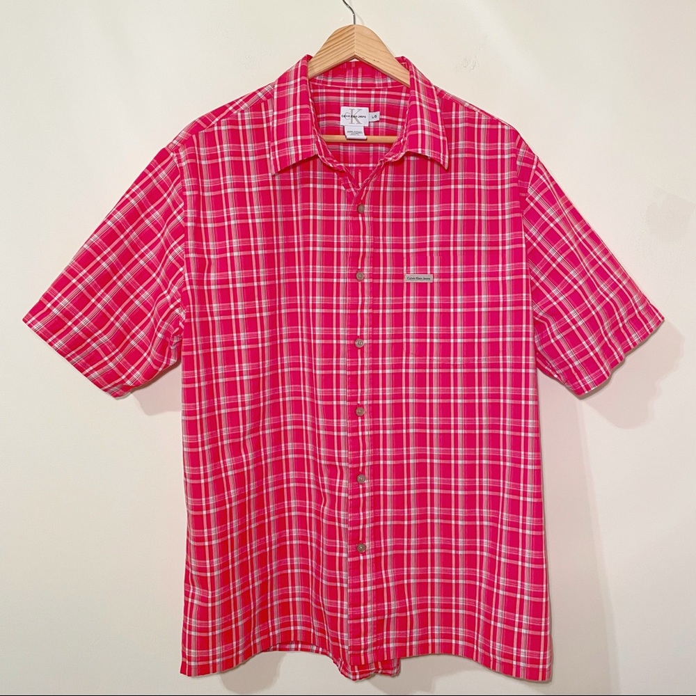 Calvin Klein Mens Red Short Sleeve Button Down Shirt, Size L